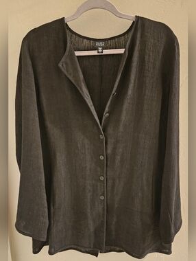 Eileen Fisher Womens Linen Blend Button Up Shirt Black Long Sleeve Tunic Large